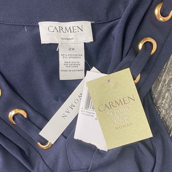 Carmen Marc Valvo Blue Sleeveless Gold Grommet Neck Night Life Blouse Top NEW 2X - Picture 4 of 5